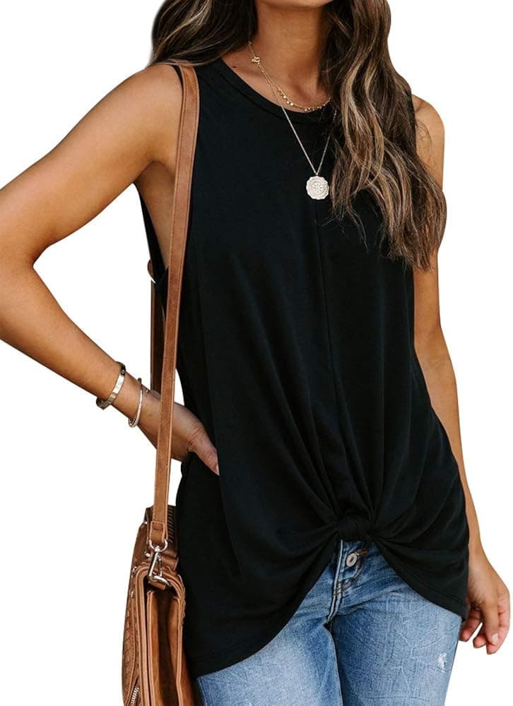 GOORY Women's Casual Sleeveless Tank Tops Summer Basic Round Neck Twist Knot T Shirt Tunic Top