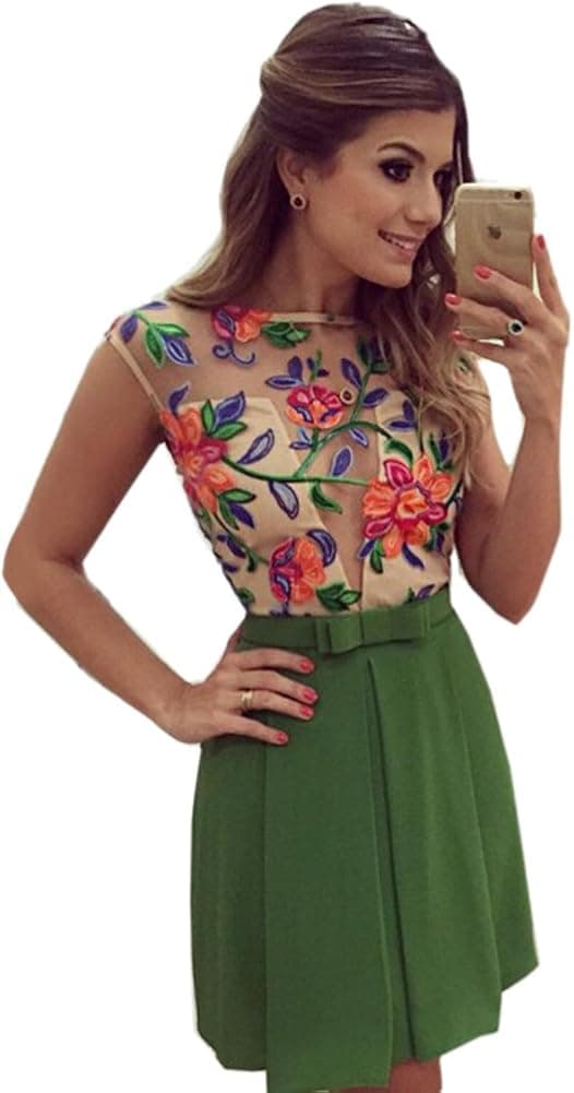 ROPALIA Women Floral Mini Skater Dress See-Through Party Evening Cocktail Dress