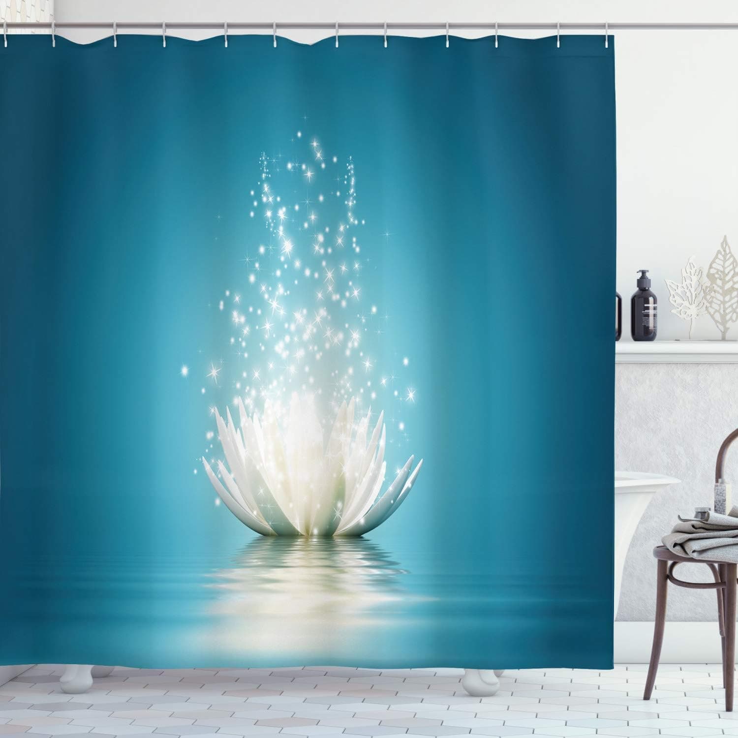 Ambesonne Lotus Shower Curtain by, Magic Flower Pattern with Water Design Print, Fabric Bathroom Decor Set with Hooks, 70 Inches, Petrol Blue Coconut
