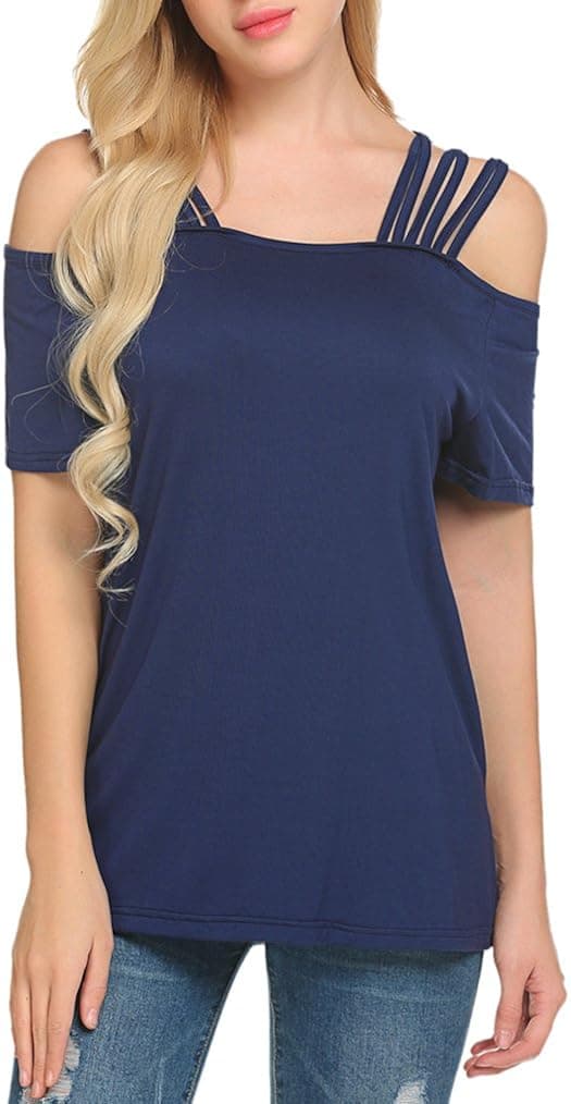 Qearal Womens Casual Short Sleeve Strappy Cold Shoulder T Shirt Tops (L, Navy Blue)