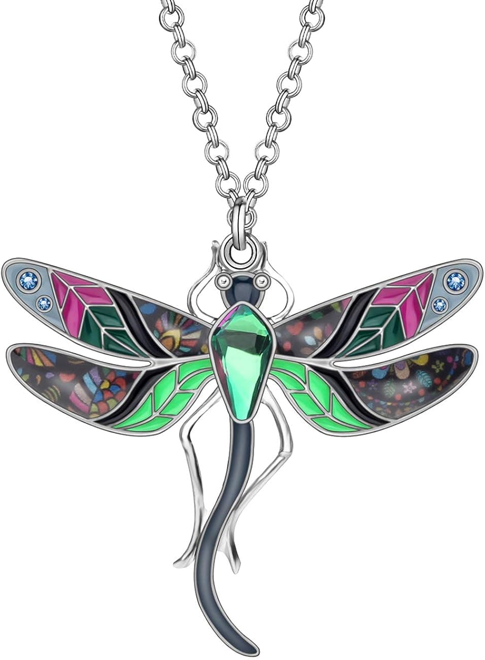BONSNY Statement Enamel Rhinestone Dragonfly Necklaces Pendant Original Design Gifts for Women Nature lover Jewelry