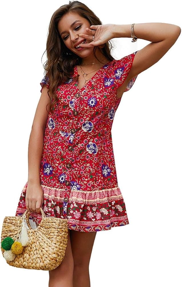 EXLURA Women's Summer Bohemian Floral Printed Wrap V Neck Short Sleeve Ruffle Mini Dress