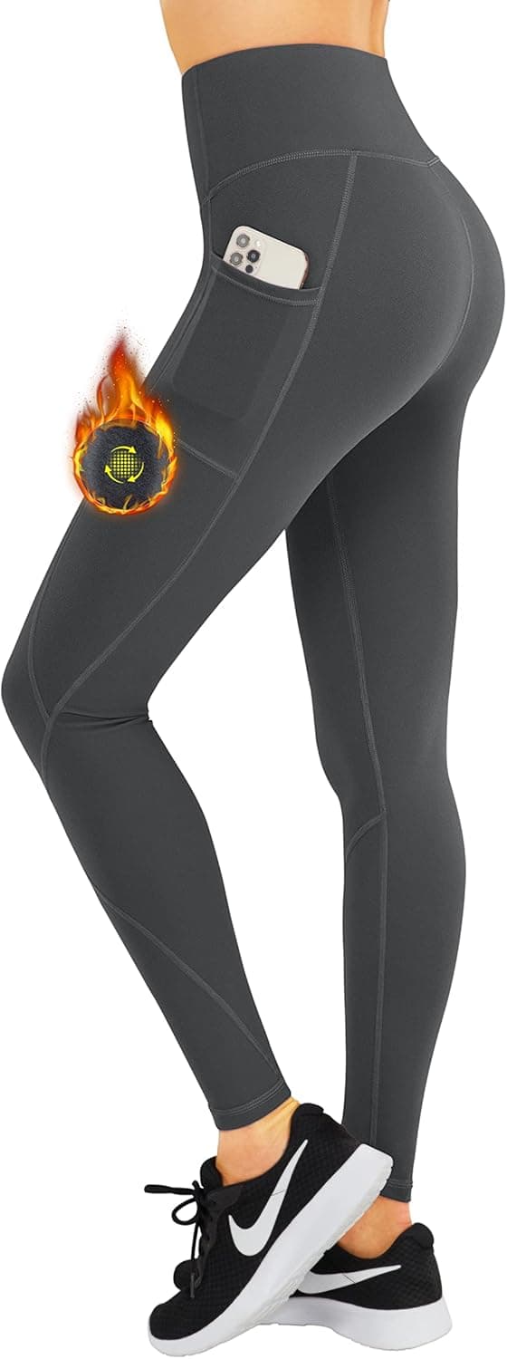 LIFE SKY Fleece Lined Yoga Pants with Pockets for Women, High Waist Winter Warm Tights, Thermal Running Leggings