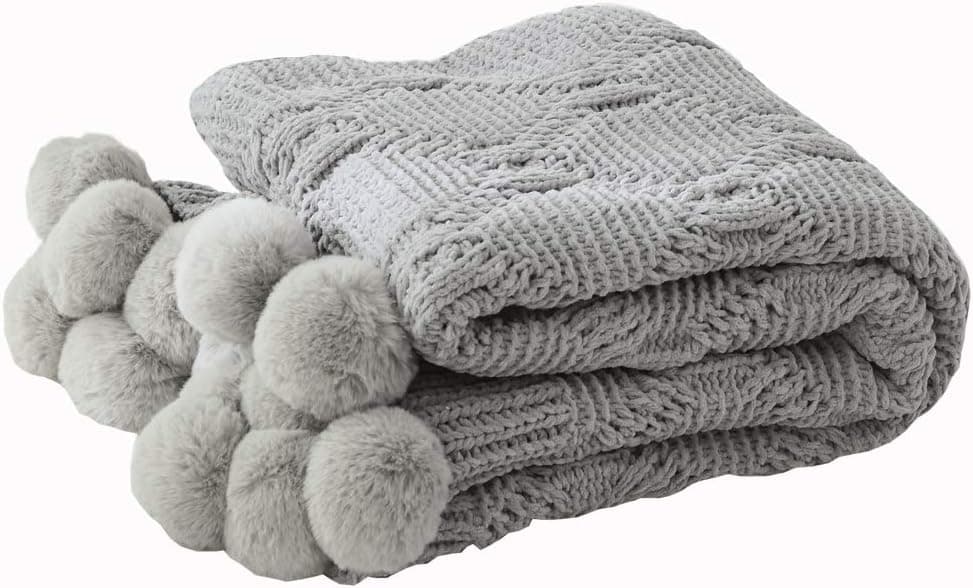 Chenille Plush Throw Blanket, Luxurious Lovely Lounge Cover Knitted Blanket with Handmade Pompoms for Sofa/Bed/Couch/Living Room/Office(51.18"×59.05",Grey)