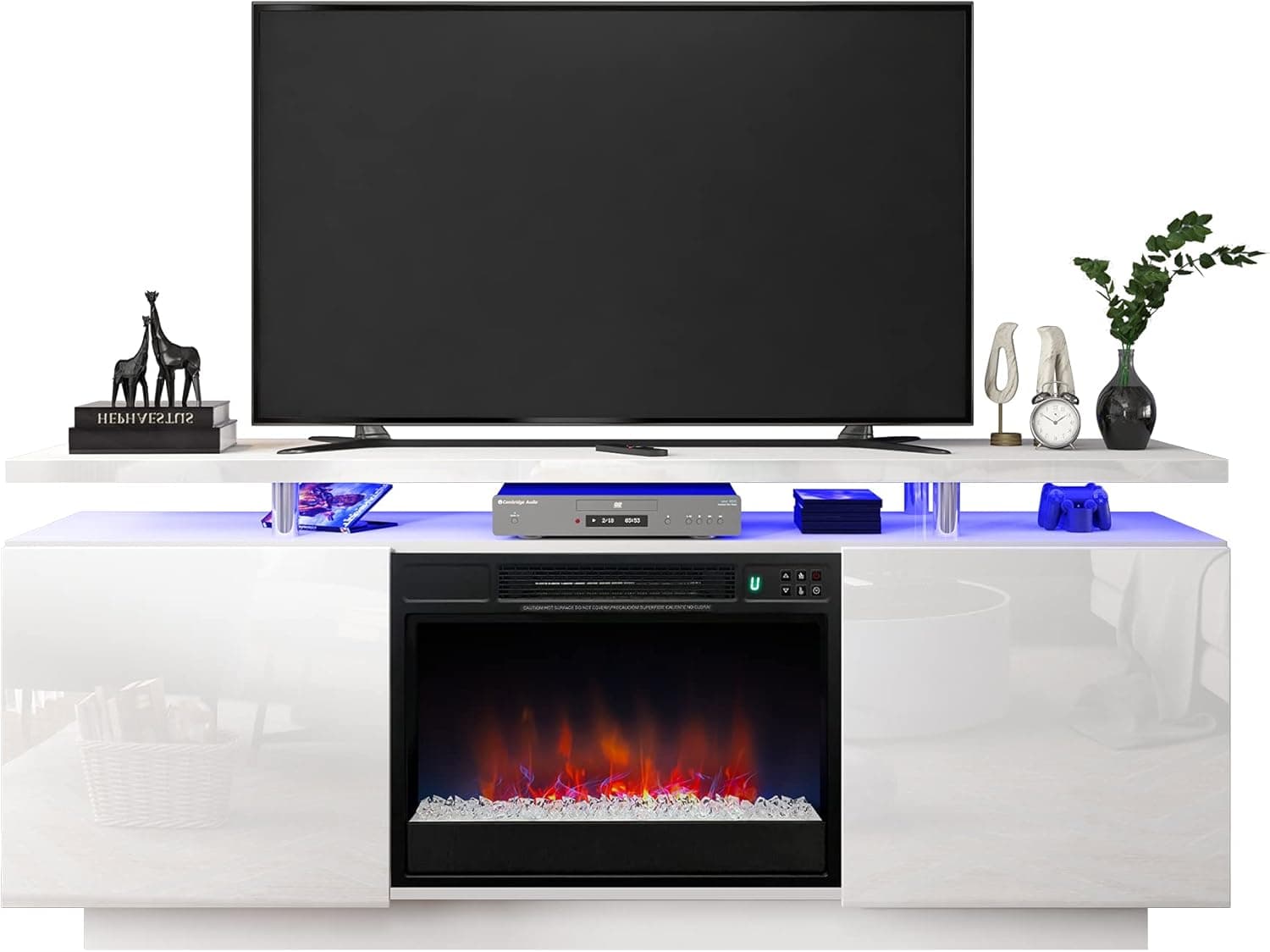 POVISON Modern Fireplace TV Stand, Wood LED Entertainment Center with Storage, 6 Fireplace Flame Effects & RGB Light Strip Entertainment Stand for TVs up to 70 inch (White)