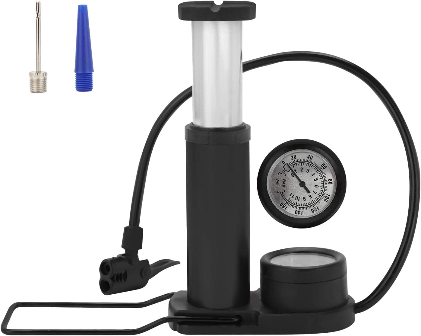 M MOKENEYE Mini Bike Pump with Pressure Gauge, Portable Bicycle Foot Activated Bike Pump, Compatible Tire Inflator Device with Needles and Nozzles for Bike Ball (Black)