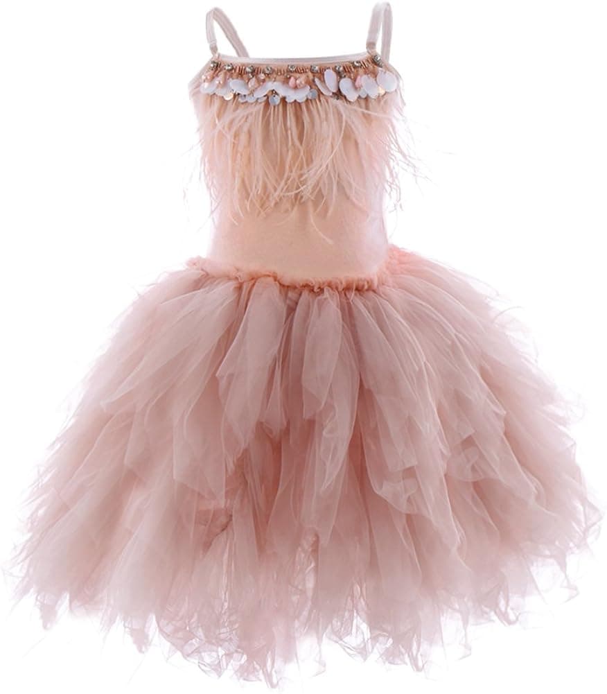 IBTOM CASTLE Kids Swan Princess Dance Costume Feather Ballerina Dress for Baby Girl Pageant Party Prom Birthday Short Gown
