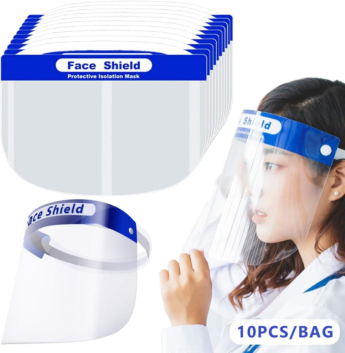 (10 PCS) Face Shields With 10 Elastic Bands Sponges, Transparent Visor Fully Protect Eyes, Mouth, and Face by COCOHONEY