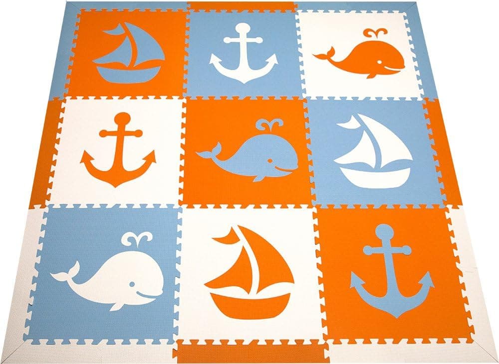SoftTiles Foam Playmat - Nautical Ocean Theme - Nontoxic Flooring for Nursery/Playroom Interlocking Children's Play Mats 78"x78" (Orange, White, Light Blue) SCNAUOWS