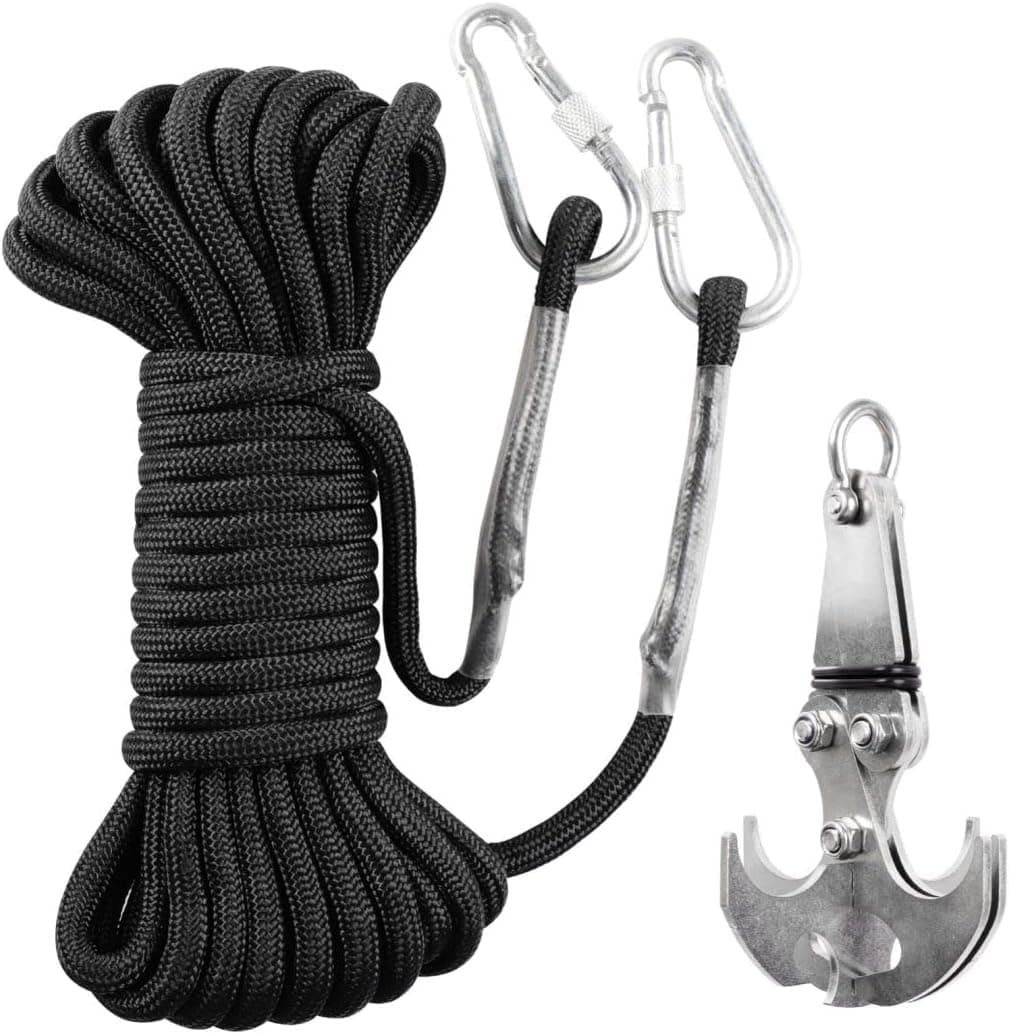 SEISSO Hook Grappling Hook-Black with 33ft 8mm Auxiliary Rope, Stainless Steel Multifunction Hook for Outdoor Activity EDC Tool in Bug Out Bag, Emergency Vehicle Traction, NOT for Exercising