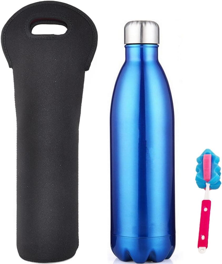 HH HOFNEN 17 oz/25 oz/34 oz Double Walled Stainless Steel Water Bottle Sports Insulated Water Thermos with Free Neoprene Bottle Bag and Sponge Brush (Blue,1000ml)