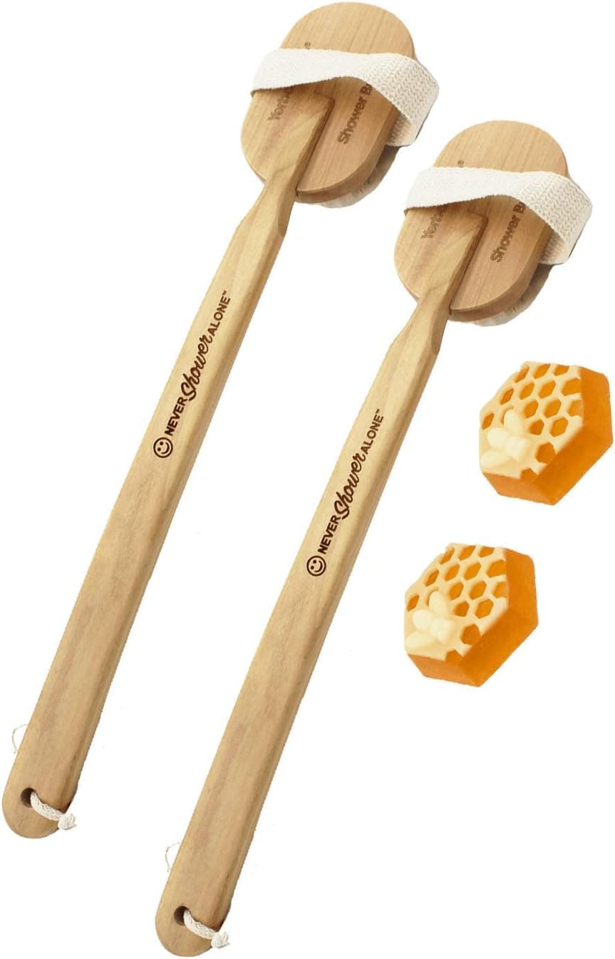 Yerba Prima Wet Skin Shower Brush Long Handle for Exfoliating and Honey & Glycerin Soap, Pack of 2