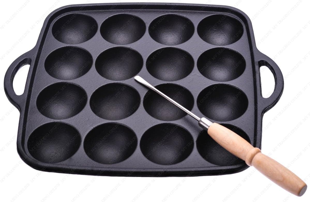 M.V. Trading MISH3965V Cast Iron Takoyaki/Aebleskiver Pan with Stainless Steel Takoyaki Pick, 16 Molds, 7.75 Inches (L) x 7.75 Inches (W) x 1.25 Inches (H), Overall with Handle 9.50 Inches, Black