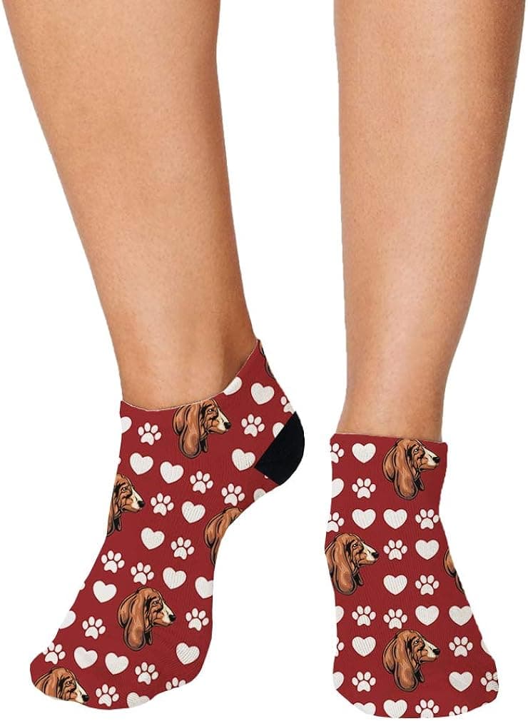 Style In Print No Show Socks Basset Hound Dog Red Paw Heart Polyester Ankle Socks Women & Men Crazy Fun Socks 1 Size