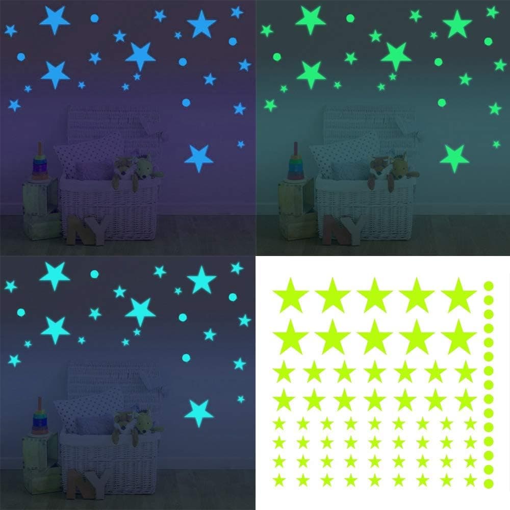 Glow in The Dark Stickers 3 Colors Set, self-Adhesive Glow Stars and dots, 225 Pieces, Size 0.39-1.57 inch(1-4 cm), Glows Green, Blue or tourquise