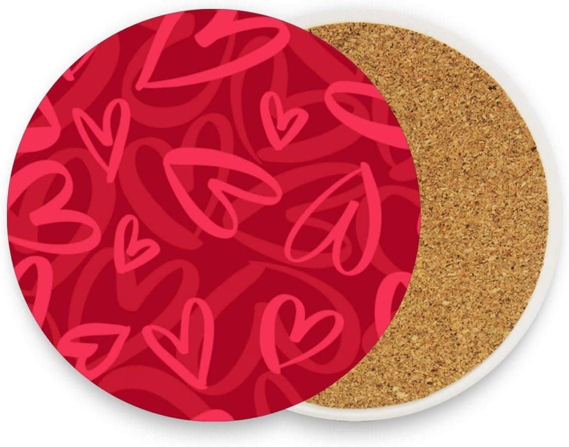 Funny Coasters for Drinks Absorbent Valentines Red Hearts Drink Spills Thirsty Cup Coaster Set of 1/2/4 Pack No Holder, Oversize Better Protects Furniture