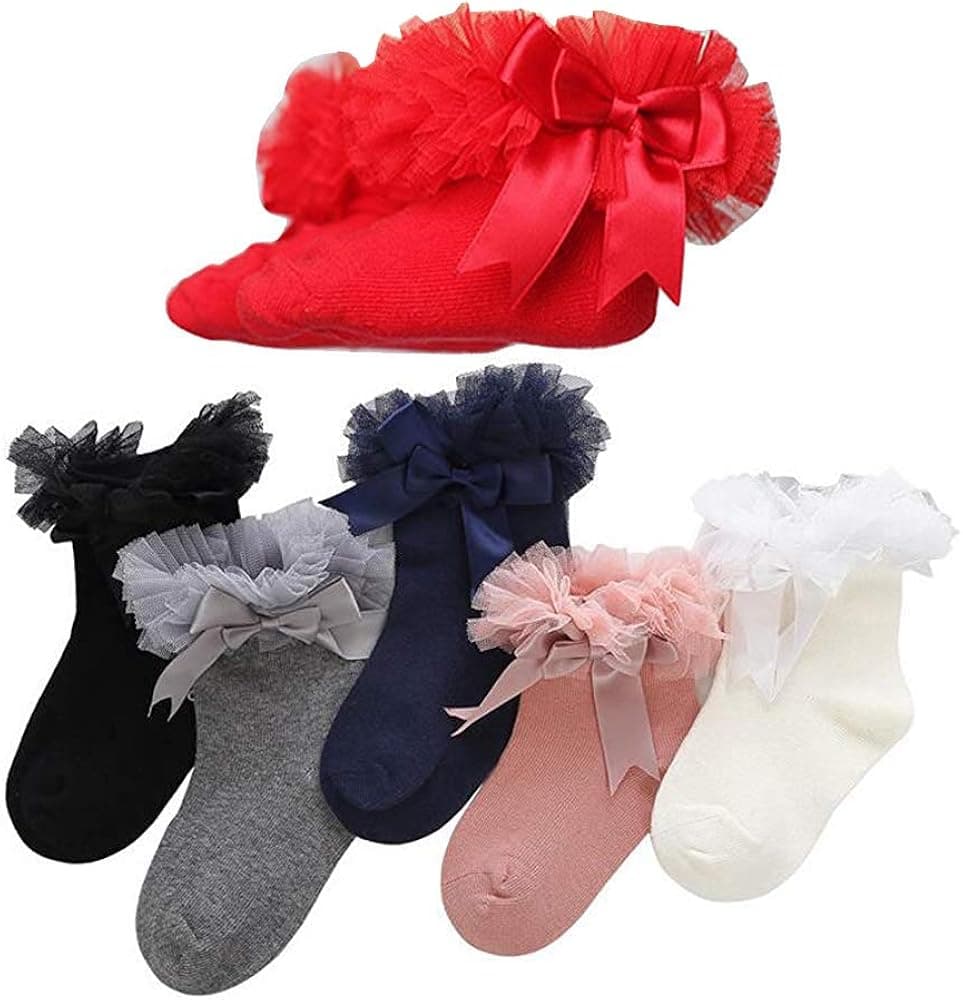 MarJunSep 6 Pairs Baby Girls Summer Ruffles Lace Frilly Socks Toddler Little Girl Dress Princess Bow Ankle Socks