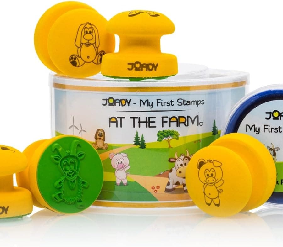 JOADY Stamps for Kids My First Stamps Rubber Craft Stamps Featuring 5 Cute Farm Animals Plus Safe Washable Water-Based Ink Pad. Easy Grip! Free Bonus: at The Farm – Coloring and Creative eBook