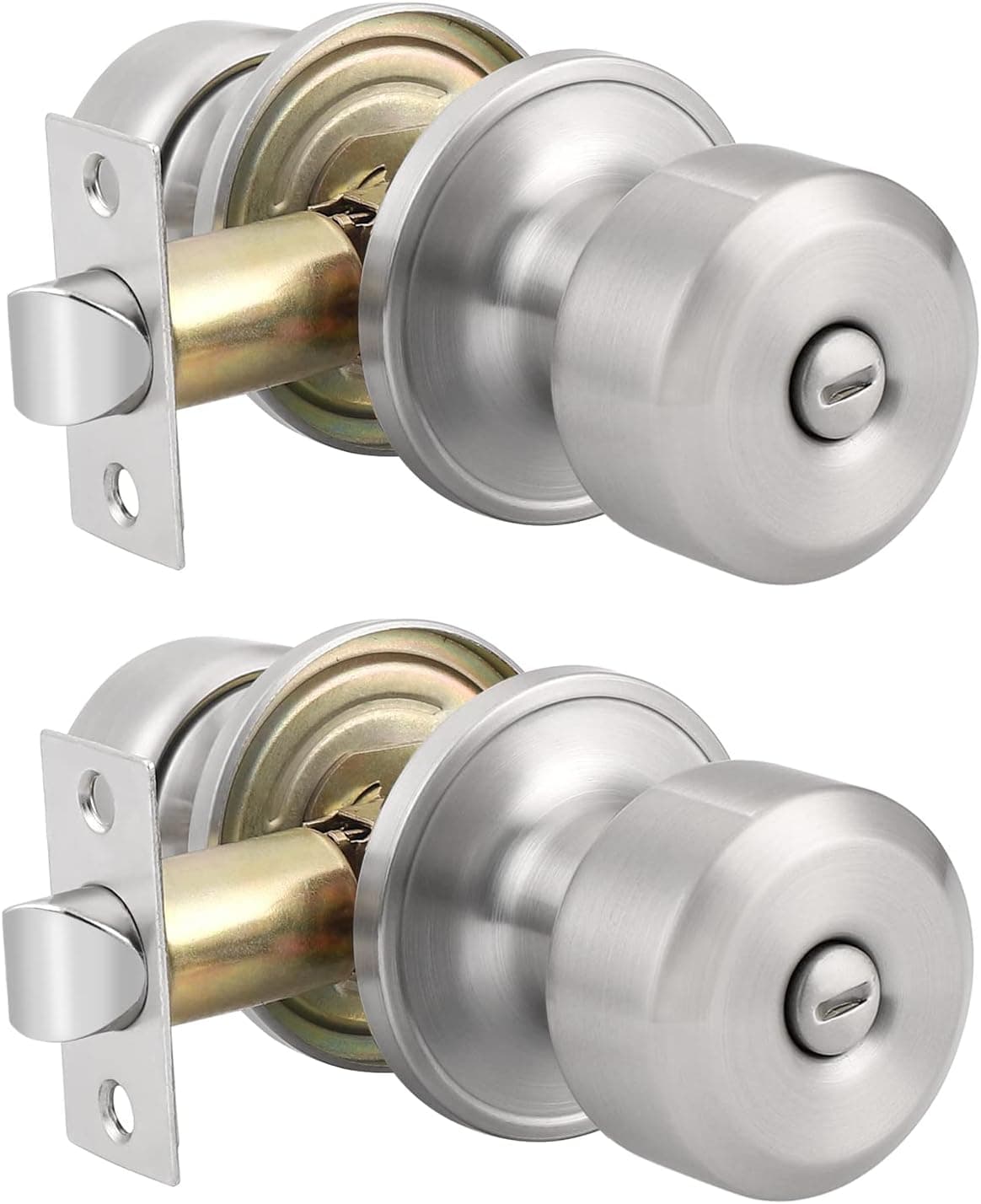 Knobonly 2 Pack Satin Nickel Finish Lockset Keyless Door Knobs, Interior Door Handles for Bedroom or Bathroom, Door Lock Keyless Privacy Door Knob Set
