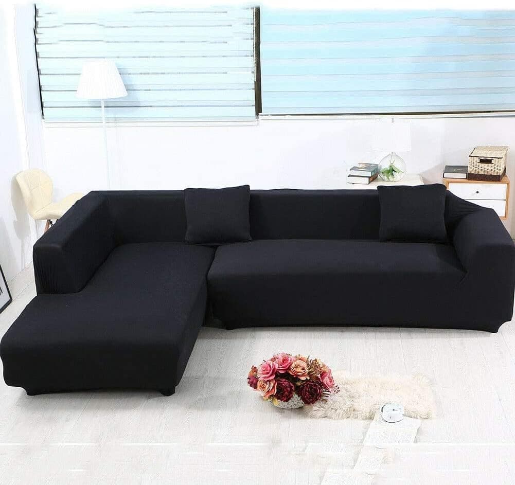 ele ELEOPTION 2 Piece Black Couch Covers for Sectional Sofa L Shape Chaise Covers for 3 Cushion Couch Chaise Slipcover for Living Room Pets (L-Shape 3+3 Seater)
