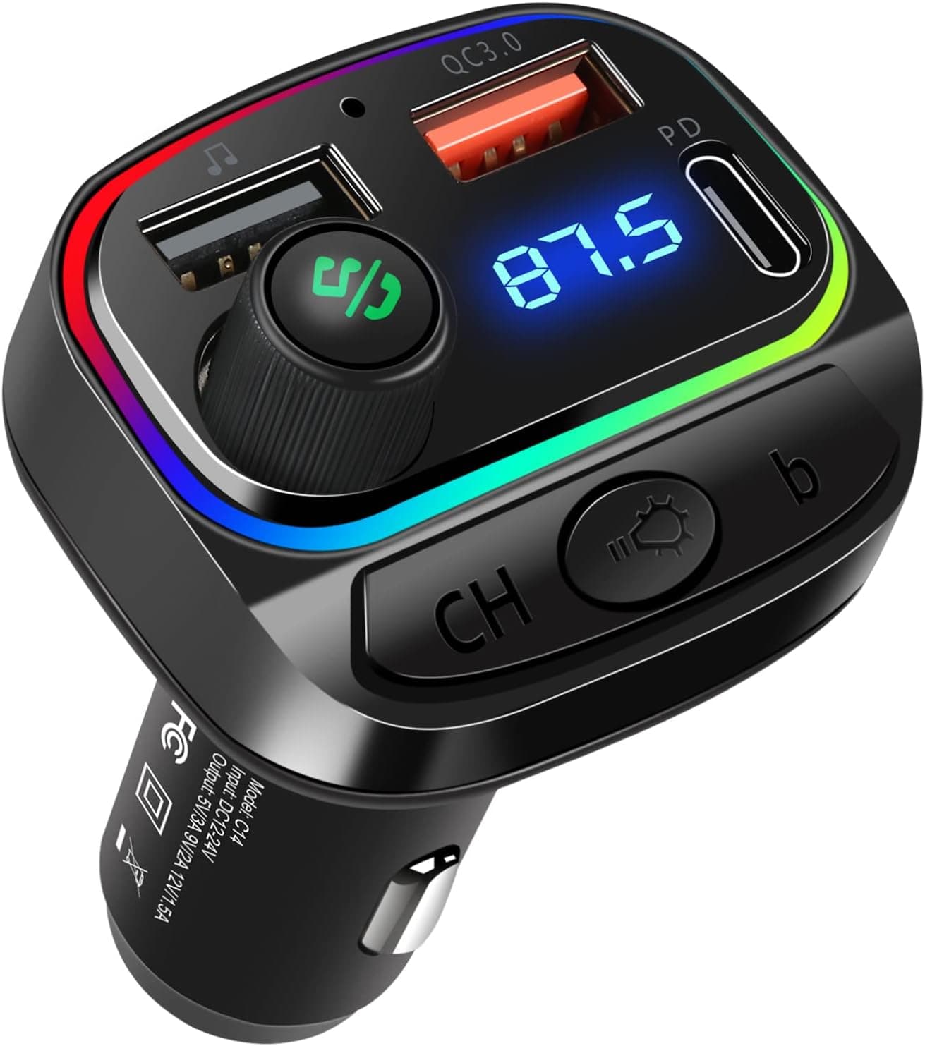 Aliyhome Bluetooth 5.0 FM Transmitter for Car, PD 20W + QC 3.0 Fast Charging Bluetooth Car Adapter, FM Transmitter Radio Adapter Supports Hands-Free Calling & Music Player [Bluetooth/U Disk]