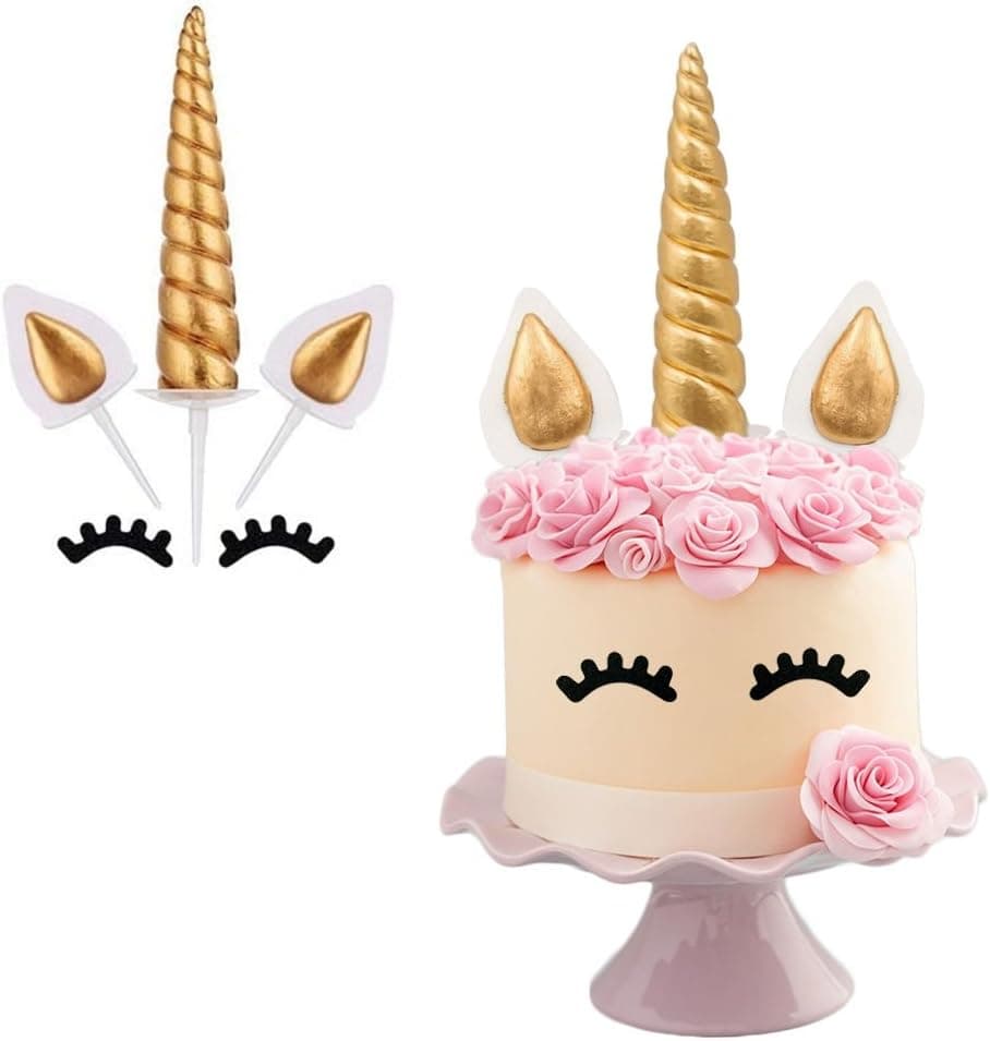 Leaping Stone Handmade Gold Unicorn Cake Topper, Premium Horn and Ear Toppers for Birthday Cakes (7 Piece Set)