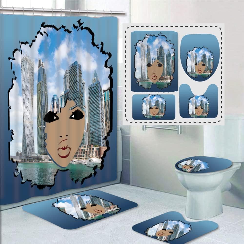 Raviva Solutions 4Pcs Charming Afro Lady Bathroom Shower Curtain Set, Blue Sets with Rugs, African Toilet Lid Cover, Non Slip Durable Waterproof 12 Hooks