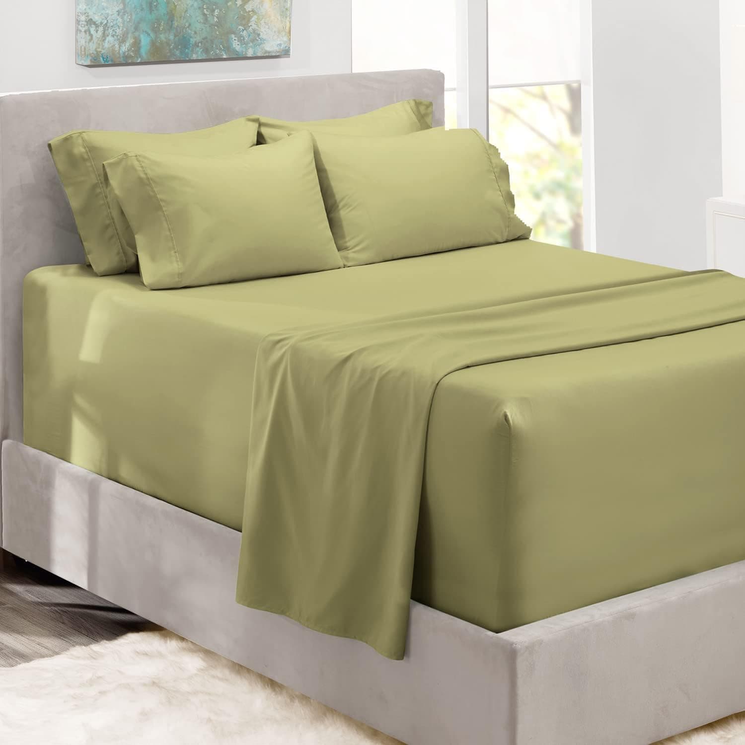 Hearth & Harbor Extra Deep Pocket Sheets - Fits Mattress 18-24 Inches Deep - Extra Deep Pocket Queen Sheets Sets - 6 Piece Queen Size Sheets - Queen Sheets Deep Pocket - Sage Sheets