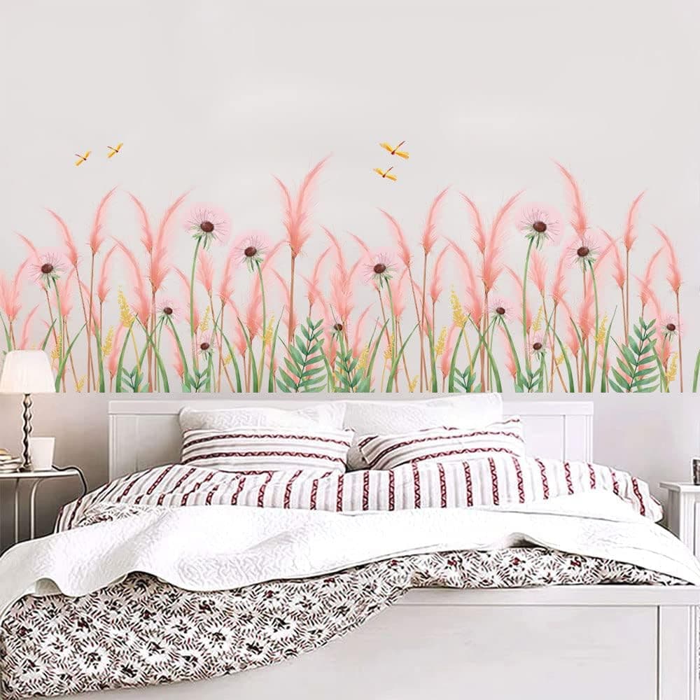 Supzone Pink Flowers Wall Sticker Dandelion Reed Wall Decal Dragonfly Wheat Baseboard Wall Decor DIY Vinyl Mural Art for Bedroom Living Room Offices Sofa Backdrop Wall Decoration