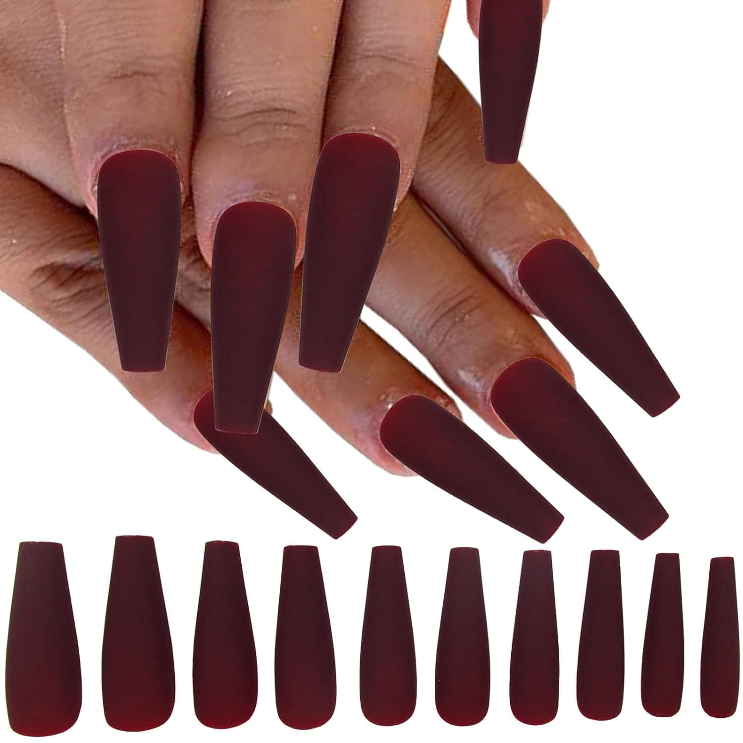 LoveOurHome 100pc Matte Coffin Press on Nails Long Coffin Shaped Ballerina False Fake Nails Artifical Fingernails Acrylic Nail Tips Decor 10 Size for Women Girls (Maroon)