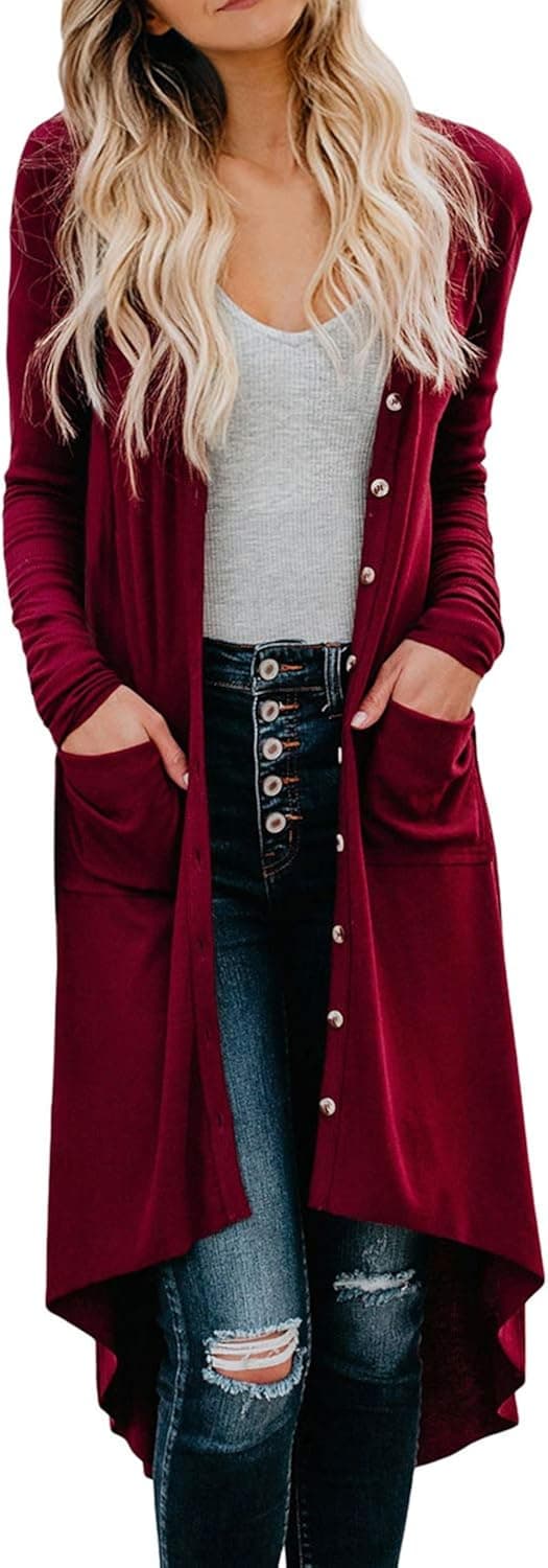 Asvivid Womens Spring Button Down Plain Draped Long Sleeve Irregular Junior Open Front Long Knit Cardigans Duster Coat L Wine