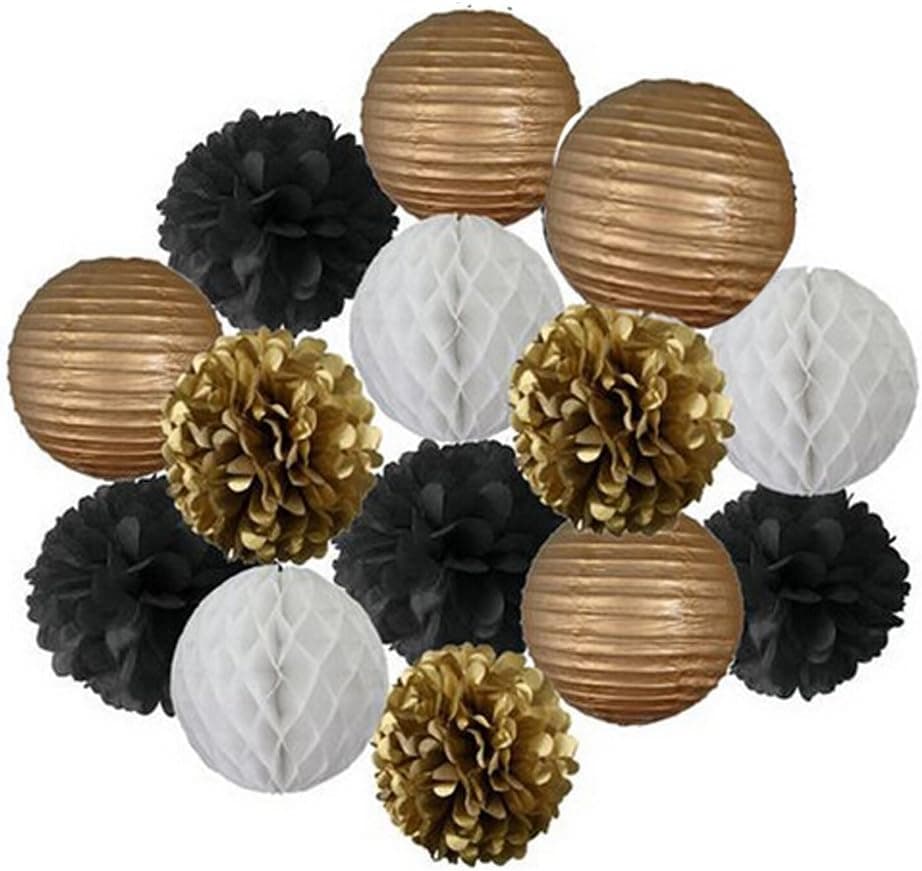 ALLHEARTDESIRES New Year Christmas Party Decoration, Black Gold Theme Party, Great Gatsby Party, Hanging Paper Lantern & Honeycomb Balls, Briddal Shower/Birthday/Wedding Supplies