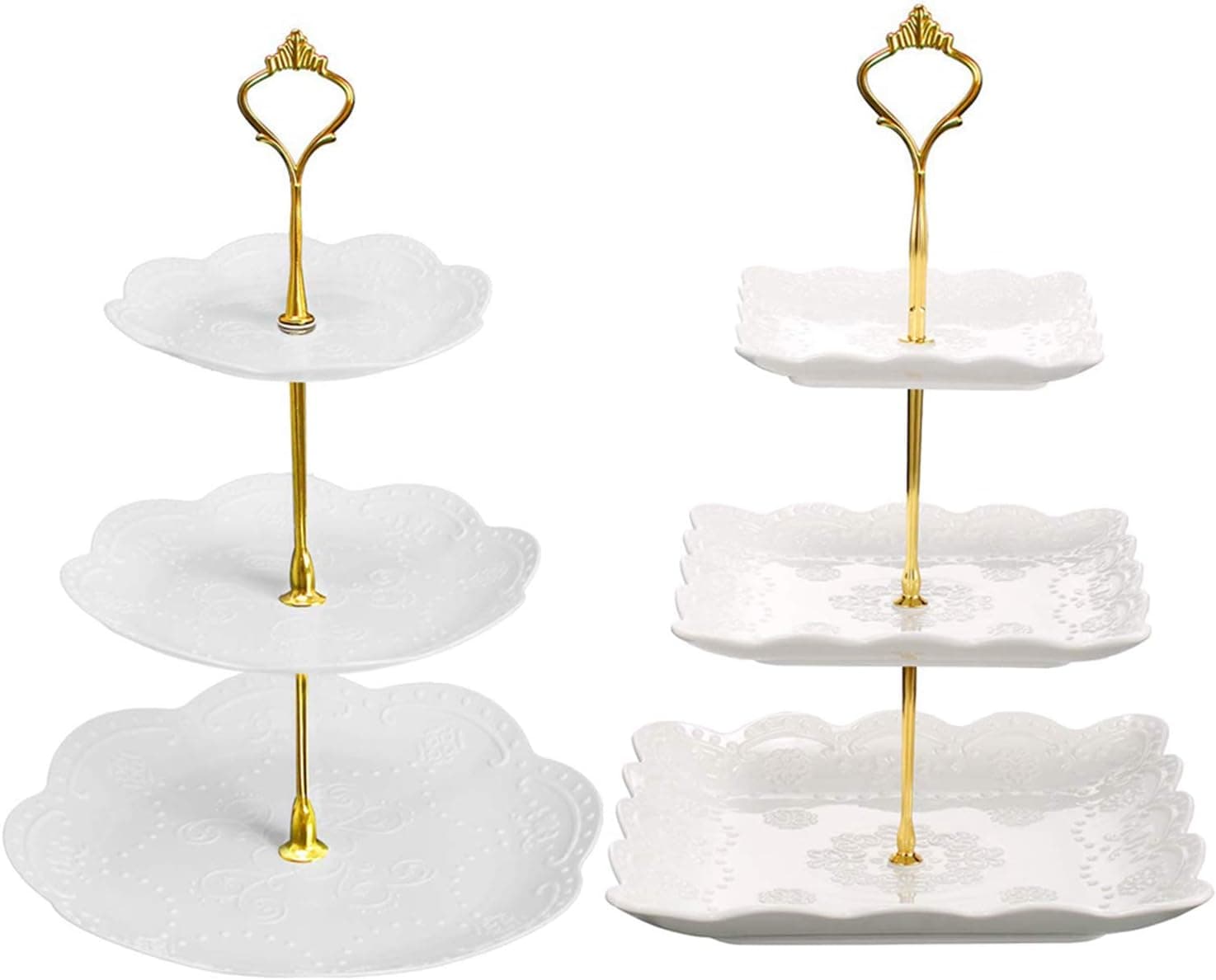 kathson 2 Sets 3 Tier Cupcake Stand, White Square & Round Cake Stand, Plastic White Embossed Stand, Dessert Cookie Candy Fruit Tower Tray for Wedding Parties Home Decor Serving Platter