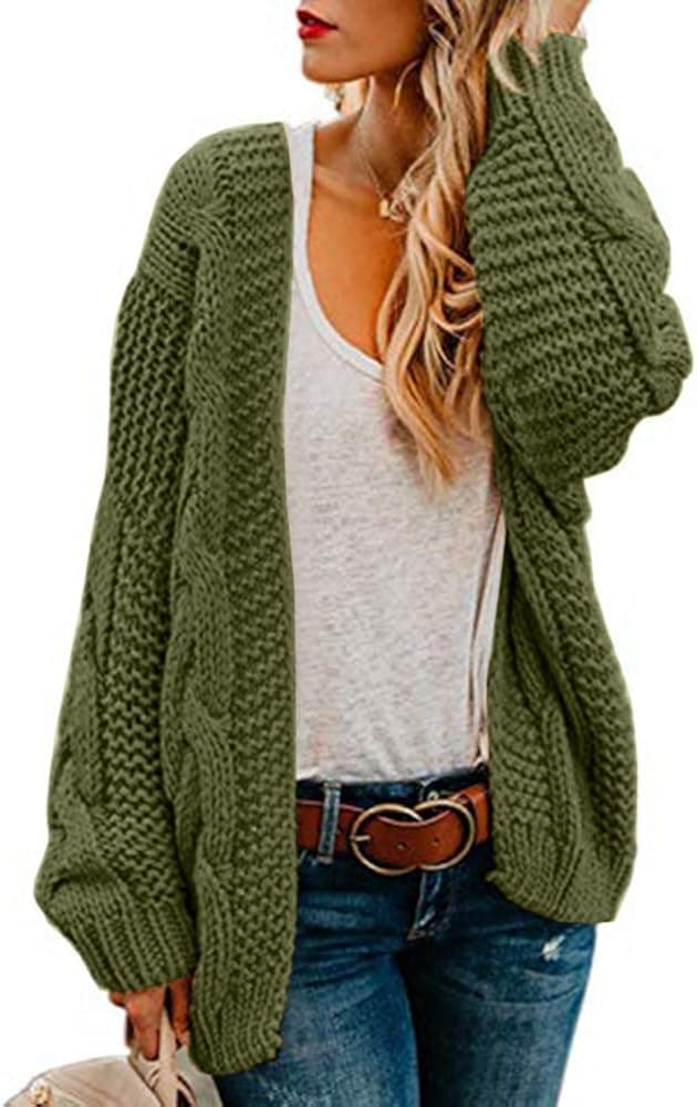 Ferrtye Womens Oversized Chunky Open Front Cardigan Sweaters Cable Knit Long Sleeve Boyfriend Cardigans Outwear Coats Green