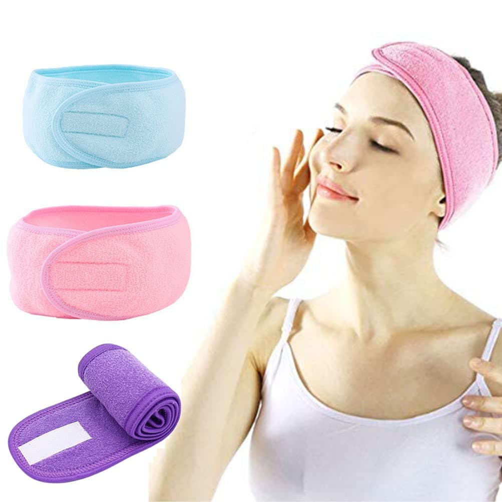 SHJDARF Spa Headband Adjustable Make Up Headband for Face Washing, Shower, Facial Mask, Yoga and Sport, 3 Pieces (Pink Blue Purple)