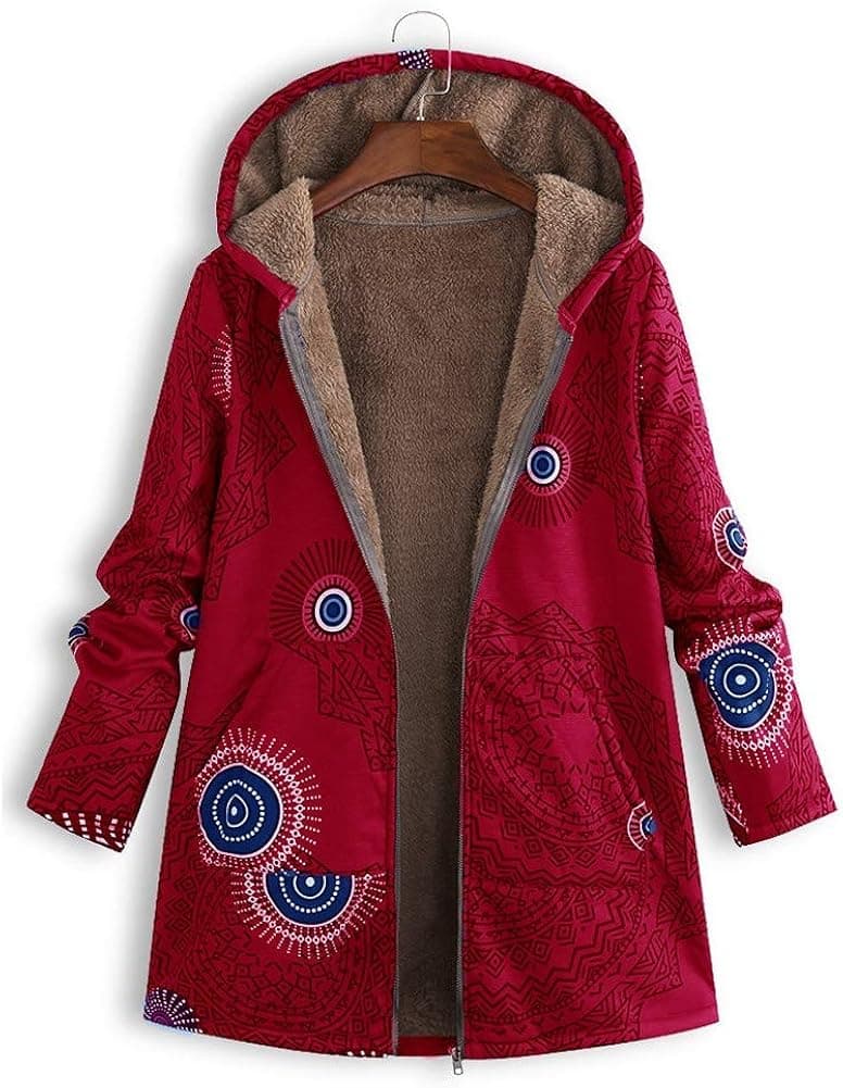 Women Plus Size Vintage Coat Winter Warm Zip Up Hooded Parka Oversized Outerwear
