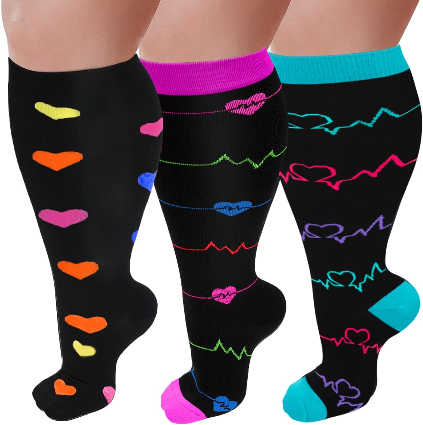 GET-FA 3 Pairs Plus Size Compression Socks for Women and Men Wide Calf 20-33mmhg Extra Large Knee High Support for Circulation
