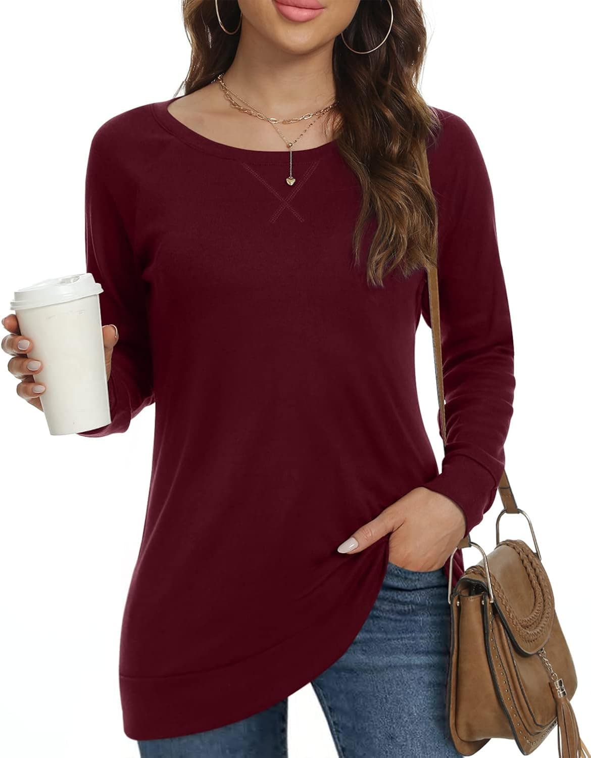 POPYOUNG Women's Fall Long Sleeve Tunic Tops for Leggings Crewneck Casual Blouse Sweatshirt
