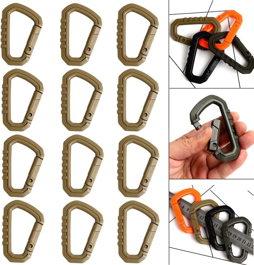 12pcs Enforcement Polymer Light Weight Multipurpose Molle Tactical D-Ring Locking Hanging Hook Spring Lock Buckle Tactical Backpack