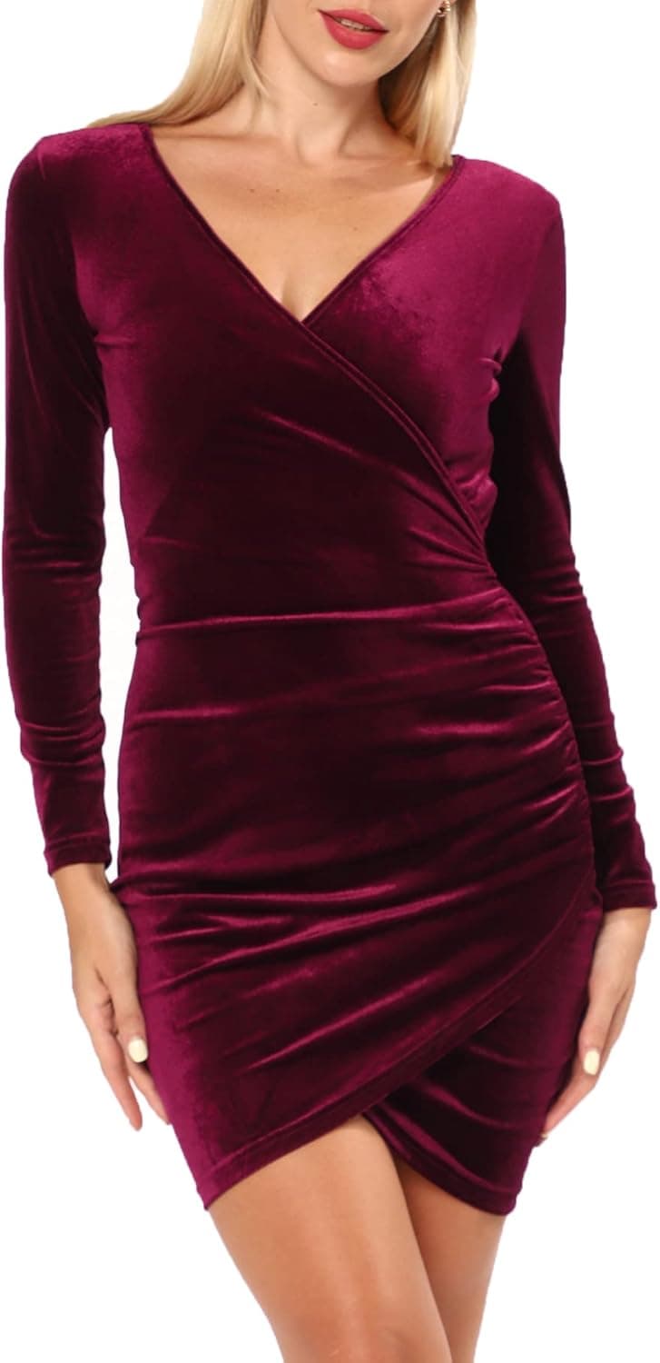 ZCDODF Womens Wrap V Neck Long Sleeve Velvet Ruched Cocktail Party Formal Dress