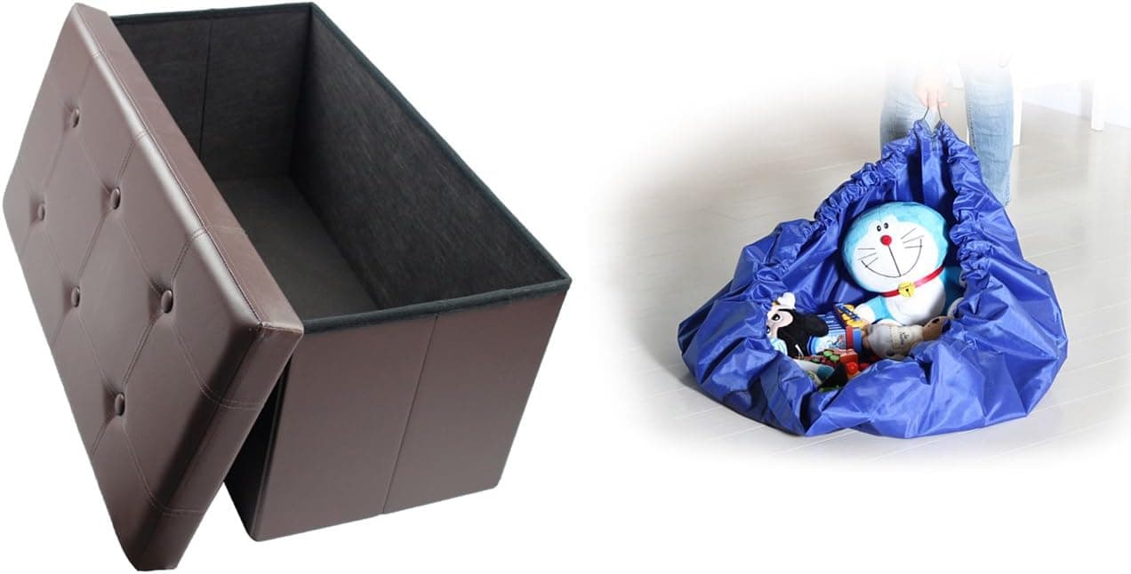 Finnhomy Folding Storage Ottoman Bench, Toy and Shoe Chest Faux Leather Seat & Foot Rest, 30’’ Folding Storage Bin with Turfed Top & Free Toy Play Mat, Brown