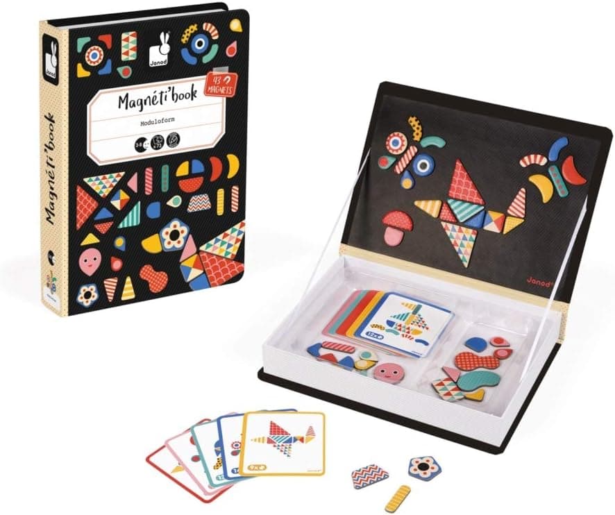 Janod Magnetibook 74 Pc Magnetic Tangram Shape Puzzle Game for Shape Recognition & Spatial Coordination - Book Shaped Travel/Storage Case Included - S.T.E.M. Toy for Ages 3