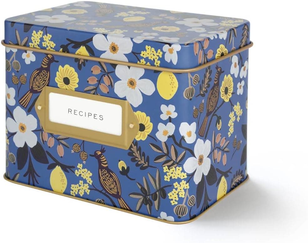 Rifle Paper Co. Capri Blue Recipe File Box With 12 Dividers and 24 Recipe Cards