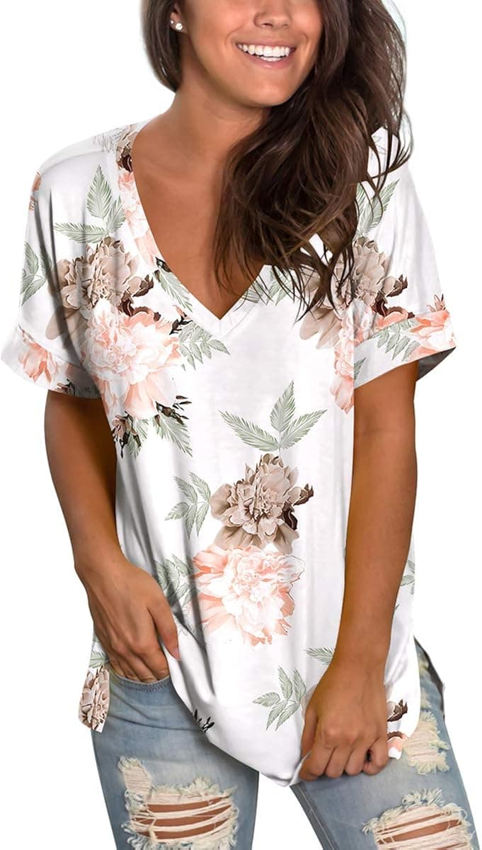 Floral Tops for Women Summer Clothes Deep V Neck Ladies Shirts Tees 3XL