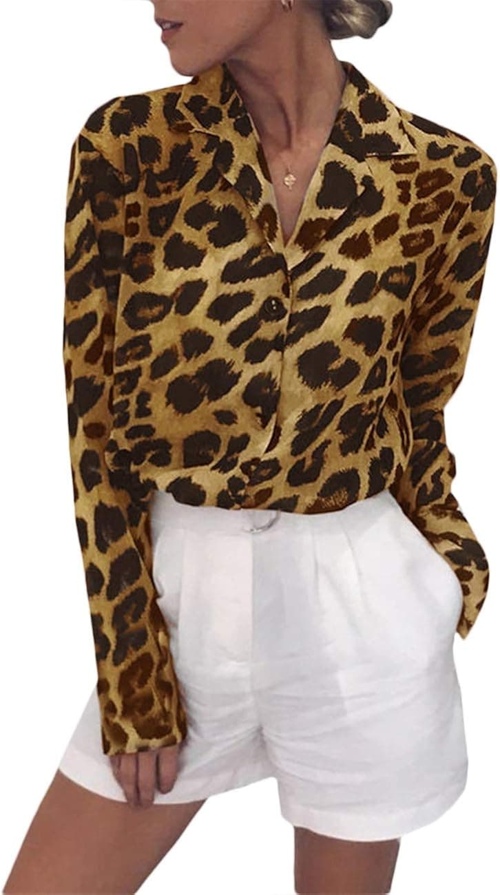 Women's Long Sleeve Cheetah Graphic Blouse Tops Animal Printed Leopard Button Up Dress Shirt