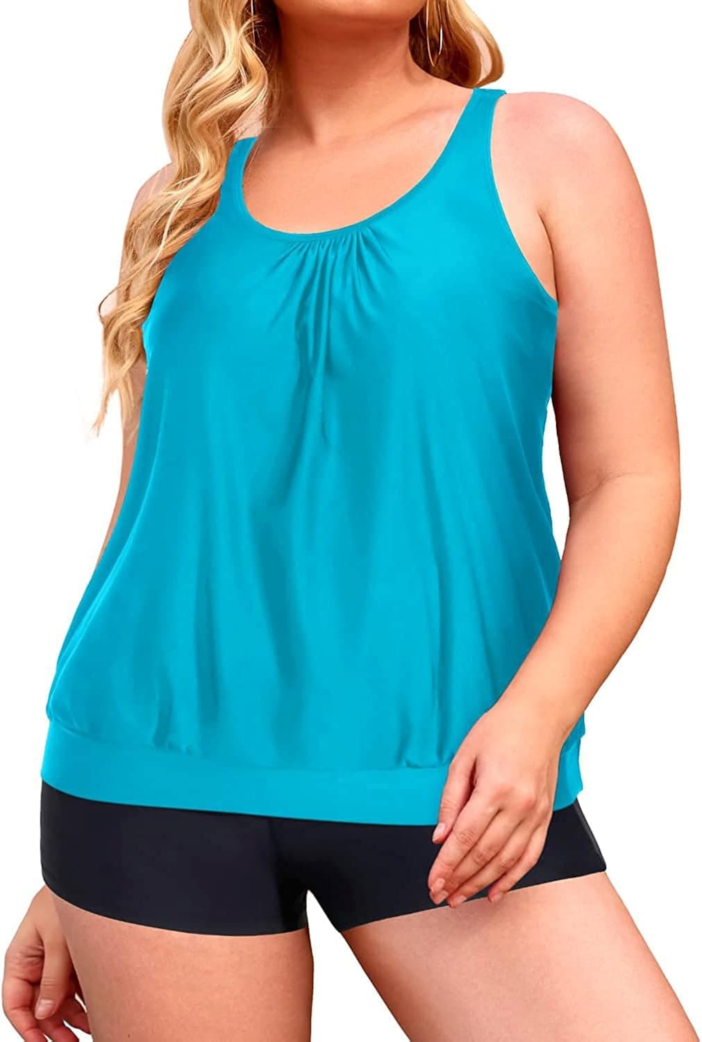 Yonique Plus Size Tankini Swimsuits for Women Blouson Tankini Tops with Swim Shorts Two Piece Bathing Suits