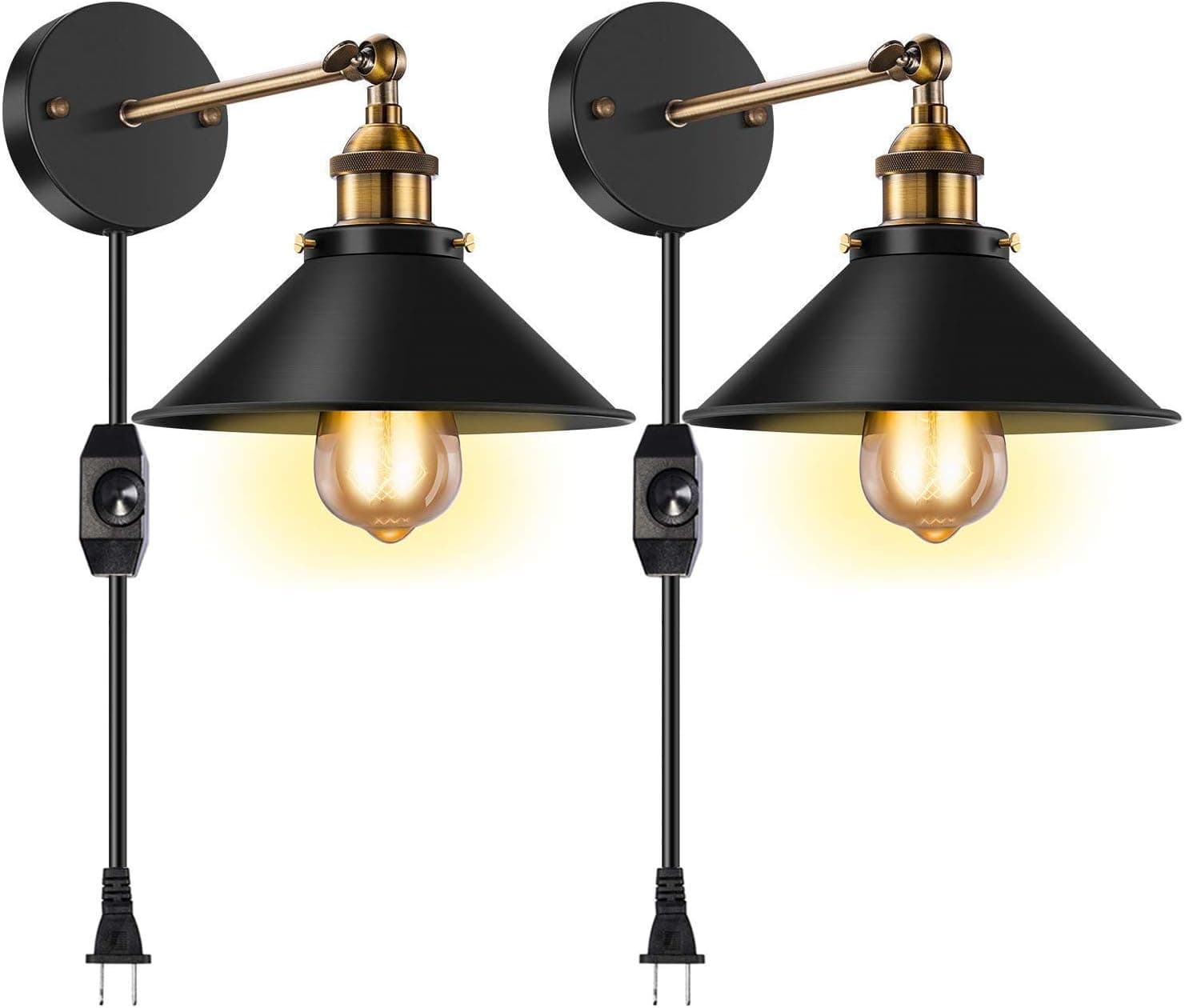 Licperron Plug in Wall Sconces, Vintage Wall Light with Plug in Cord, 240 Degree Industrial Wall Lighting with UL Switch for Restaurants Bathroom Dining Room Kitchen Bedroom, 2 Pack, Dimmable