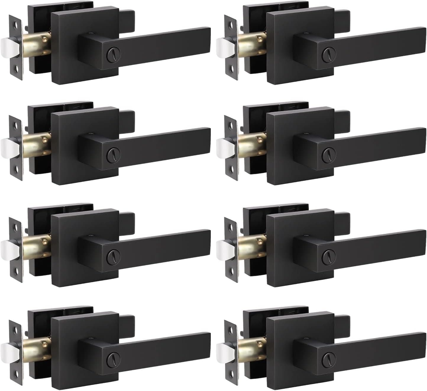 KNOBWELL 8 Pack Matte Black Interior Privacy Door Lever, Bedroom Door Knobs with Lock, Square Lever Door Handle, Heavy Duty Black Door Lever Handle