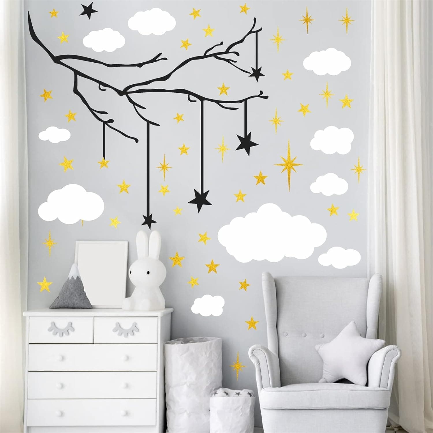 Cloud Wall Decals Hanging Star Wall Decals Tree Branch Wall Decal Fabric Wall Stickers Retro Decal Vinyl Wall Art Nursery Wall Stickers Home Decor Peel and Stick Wall Decal for Baby Kids Bedroom Decor