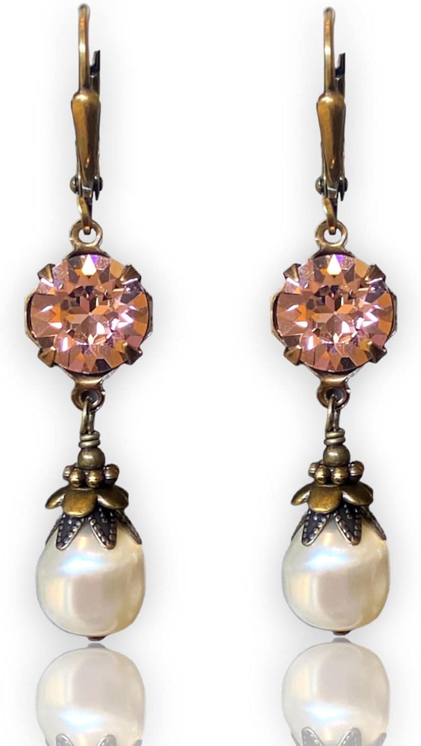 HisJewelsCreations Vintage Inspired Crystal Earrings for Women – Antique Looking Dangle Simulated Pearl Jewelry Gift for Her
